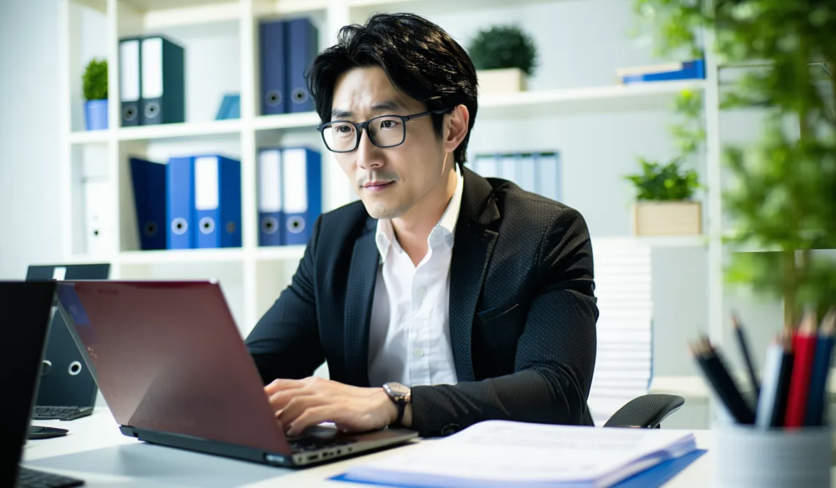 Employee at a Japanese enterprise quickly accessing information on a laptop using an internal knowledge assistant